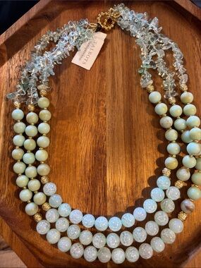 Talbots Pale Aqua and Gold Multi-Strand Beaded Necklace